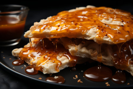 a stack of pancakes on a plate with syrup drizzled on topの素材