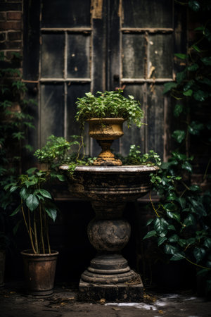 a potted plant sits on a pedestal in front of an old windowの素材