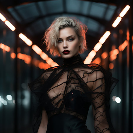 a woman in a black dress standing in a tunnelの素材