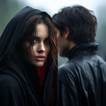 a woman in a black hooded jacket standing next to a man in a black jacketの素材