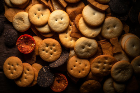 a pile of crackers and other snacks on a wooden tableの素材