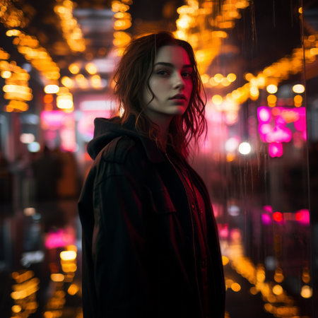 a woman in a black jacket standing in front of neon lightsの素材
