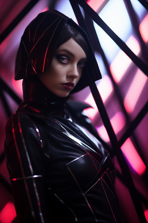 a woman in a black leather outfit with red lightsの素材