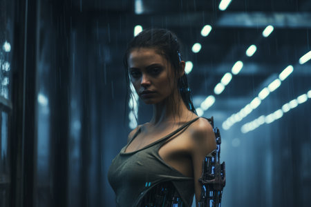 a woman in a cyber suit standing in a dark hallwayの素材