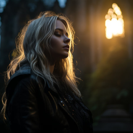 a woman in a black leather jacket standing in front of a churchの素材