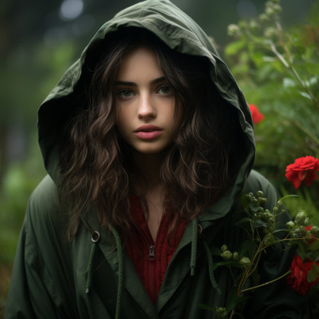 a woman in a green jacket and red flowersの素材