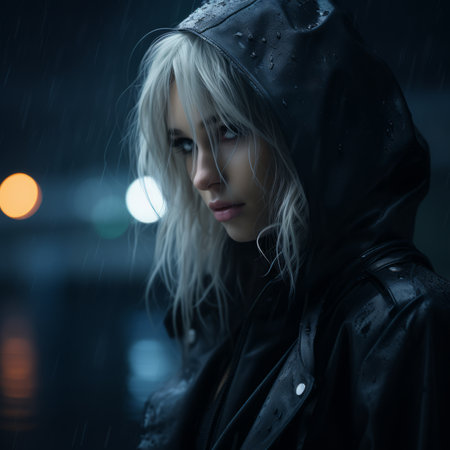 a woman in a black leather jacket standing in the rainの素材