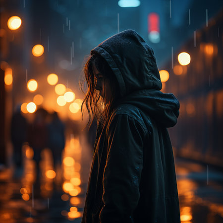 a woman in a hoodie standing in the rain at nightの素材
