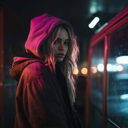 a woman in a hoodie standing in front of a bus at nightの素材
