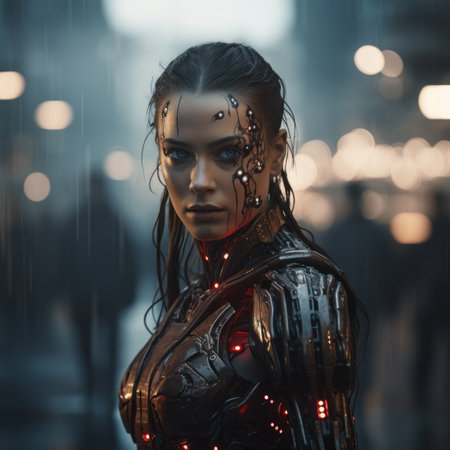 a woman in a futuristic suit standing in the rainの素材