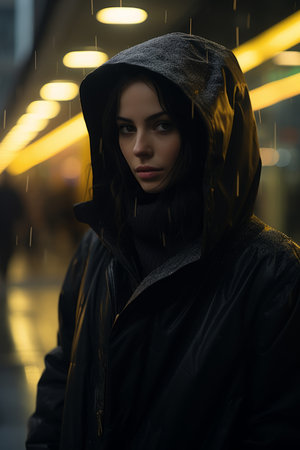 a woman in a hooded jacket standing in the rainの素材