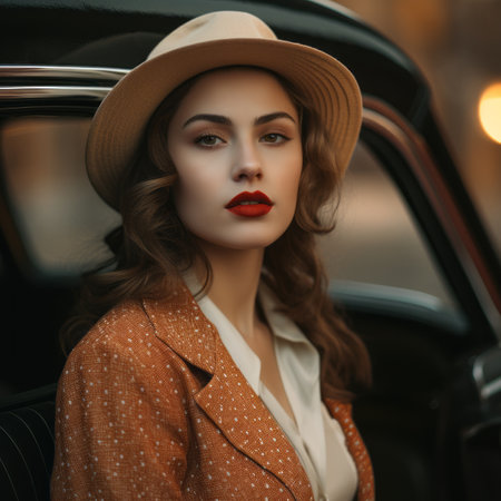 a woman in a hat and red lipstick sitting in an old carの素材
