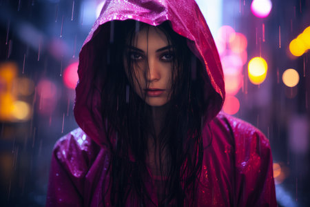 a woman in a pink raincoat standing in the rainの素材