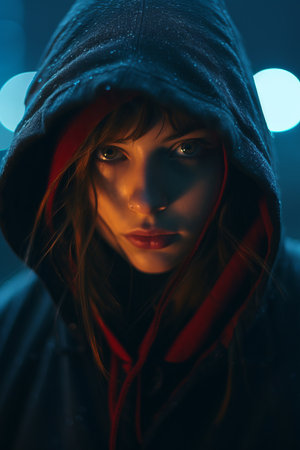 a woman in a hooded jacket and red scarfの素材