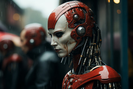 a woman in a red and black robot suit standing in the rainの素材