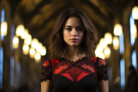 a woman in a red and black dress standing in a dark hallwayの素材