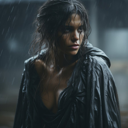 a woman in a raincoat standing in the rainの素材