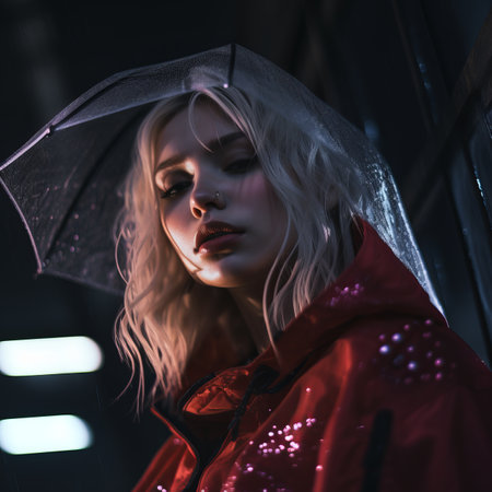 a woman in a red jacket and an umbrellaの素材