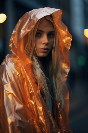 a woman in an orange raincoat standing on the streetの素材