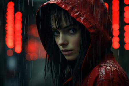 a woman in a red hoodie standing in the rainの素材