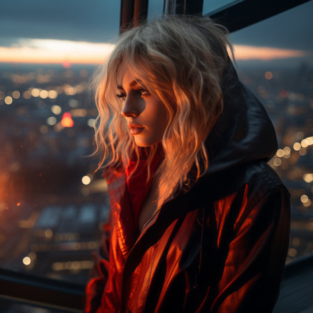 a woman in a red jacket looking out over a city at nightの素材
