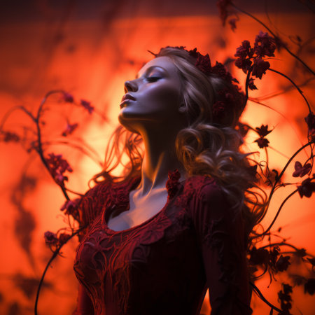 a woman in a red dress with flowers in her hairの素材