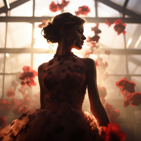 a woman in a red dress standing in front of flowersの素材