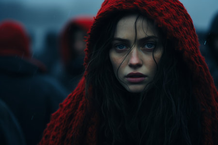 a woman in a red hooded coat standing in front of a group of peopleの素材