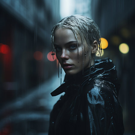 a woman in the rain standing in the middle of the streetの素材