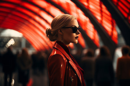 a woman in sunglasses and a red leather jacket standing in front of a red tunnelの素材