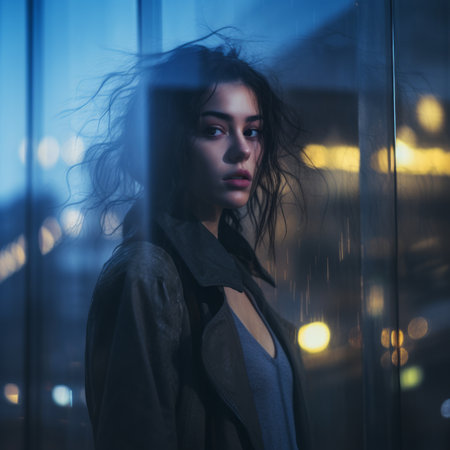 a woman standing in front of a glass window at nightの素材