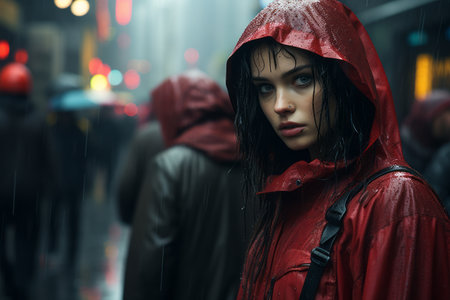 a woman in a red raincoat standing in the rainの素材