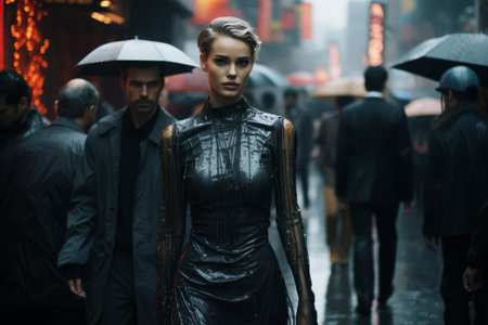 a woman in a wet dress walking down a city street with umbrellasの素材