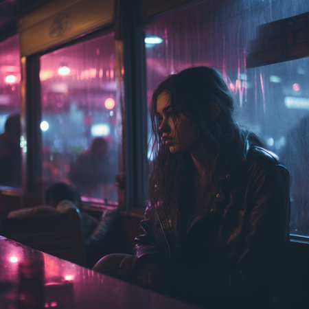 a woman sitting at a table in a restaurant at nightの素材