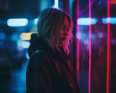 a woman standing in front of a neon sign at nightの素材