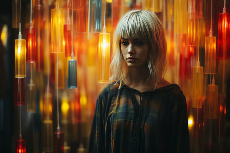 a woman standing in front of colorful lightsの素材