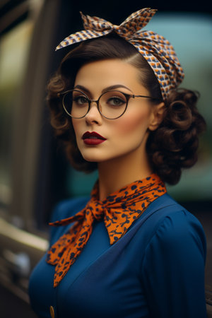 a woman wearing glasses and a headband in front of a carの素材