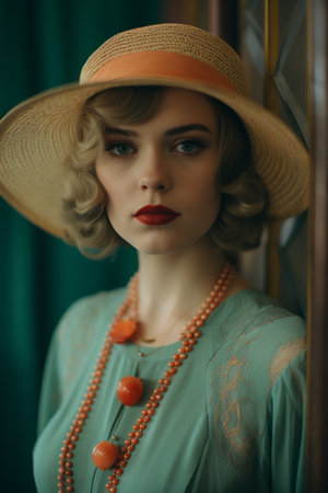 a woman wearing a hat and pearlsの素材