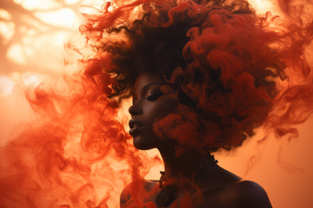 a woman with an afro in the smokeの素材