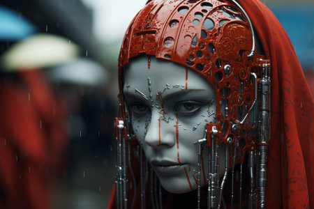 a woman wearing a red headdress and a mask in the rainの素材