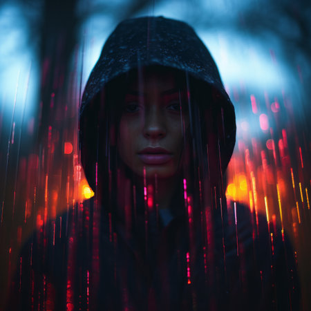 a woman wearing a hoodie in the rainの素材