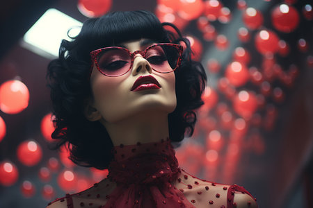 a woman wearing red glasses and a red dressの素材