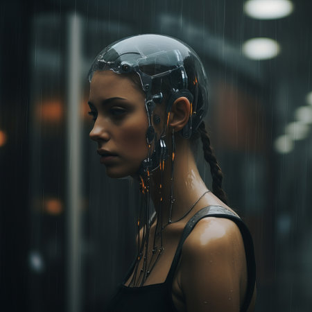 a woman with a helmet on her head in the rainの素材