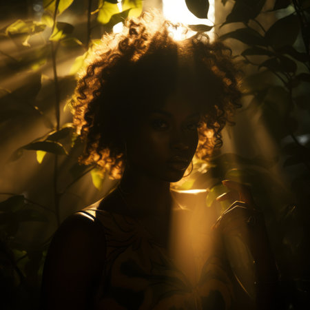 a woman with an afro in the sunの素材
