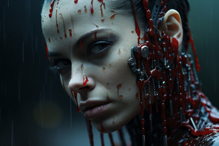 a woman with blood on her face in the rainの素材