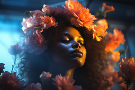 a woman with curly hair and flowers in her hairの素材