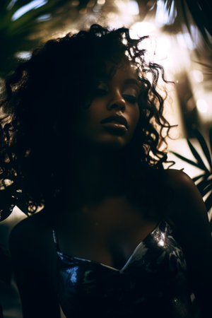 a woman with curly hair in the sunの素材