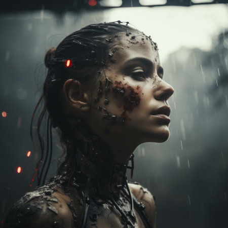 a woman with blood on her face in the rainの素材