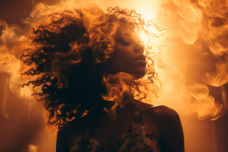 a woman with curly hair and smoke coming out of her hairの素材