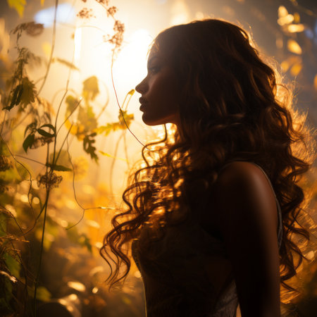 a woman with long hair in the sunの素材